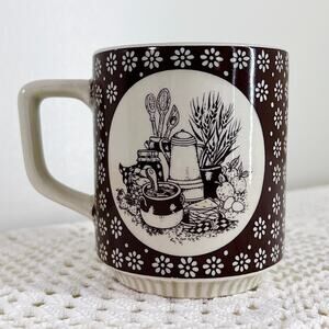 Vintage 70s Enesco Country Kitchen Mug Brown Floral Coffee Cup
